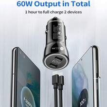 60W 双 USB-C 车载充电器，适用于 快速充电，配备两条 3.3 英尺 + 6.6 英尺 USB-C 转 USB-C 数据线，兼容 15/15 Plus/15 Pro/15 Pro Max、Pro/Air - 黑色 - 查看 6