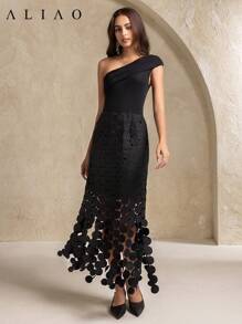 Aliao Minimalist Laser Cut Hollow Out Tassel, Slim-Fit Slash Shoulder Sleeve Drapey Dress, Polka Dot, Black Dress, Business Casual Woman, Elelgant Women Dress, Concert Outfit Women, Wedding Guest Dress Women, Wedding Guests, Court Style