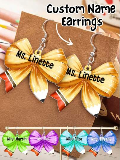 Pendientes personalizados con forma de lazo de lápiz - Pendientes de acrílico personalizados para maestros y estudiantes, ideales para el regreso a clases/Día de Apreciación a los Maestros/Regalo de fin de curso | Diseño ligero (15g por par), material de acrílico hipoalergénico, sin irritación en las orejas, apto para uso diario/salón de clases/oficina/fiestas | Disponible en 3 colores (rosa/azul/morado), forma de lazo de lápiz, lindos y elegantes, regalo perfecto para maestras