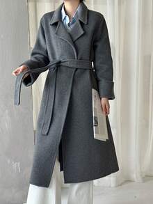 Women's Lapel Belted Double-Faced Wool Coat With Pockets, Suitable For Autumn/Winter - Dark Grey - View 6