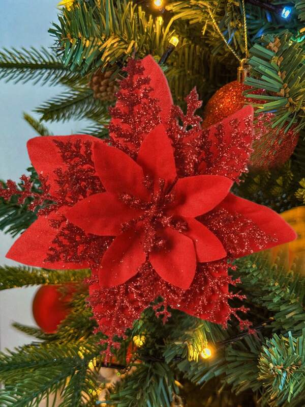 20pcs/10pcs/1pc Christmas Tree Decorations, Fake Flowers, Cute Artificial Flowers, Christmas Flowers, Poinsettia, Glitter Artificial Christmas Flowers, Fake Flowers, DIY Wreaths, Home Decor, Wedding Party, Gift Decorations, Holiday Party Decorations, Christmas/Holiday/Seasonal/Wedding Christmas Tree Decorations, Glittering Winter Shrub Decor (Red) Christmas Decorations Room Decor