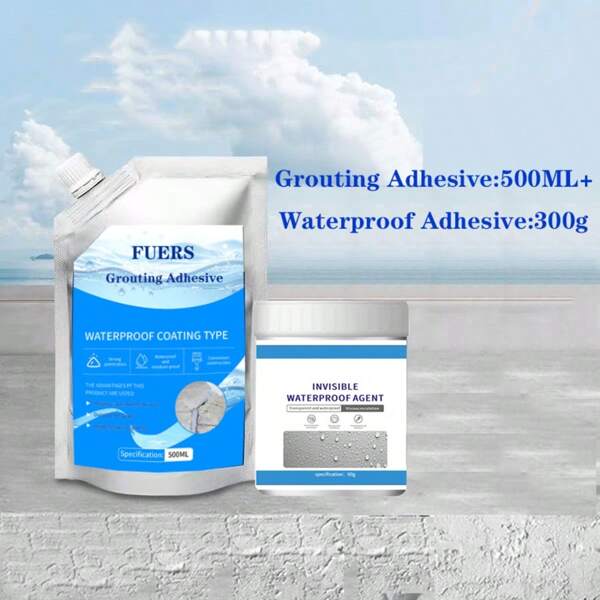 500 g + 300 g Ensemble de mastic haute élasticité et adhésif transparent imperméable, convenant pour la réparation des fuites sur les piscines, les murs, les sols, les toits, les appuis de fenêtre, applicable sur le béton et les surfaces en bois. Facile à utiliser avec les outils inclus. Agit rapidement, résistant à la corrosion, aux UV et aux moisissures. (Les deux produits peuvent être utilisés séparément)