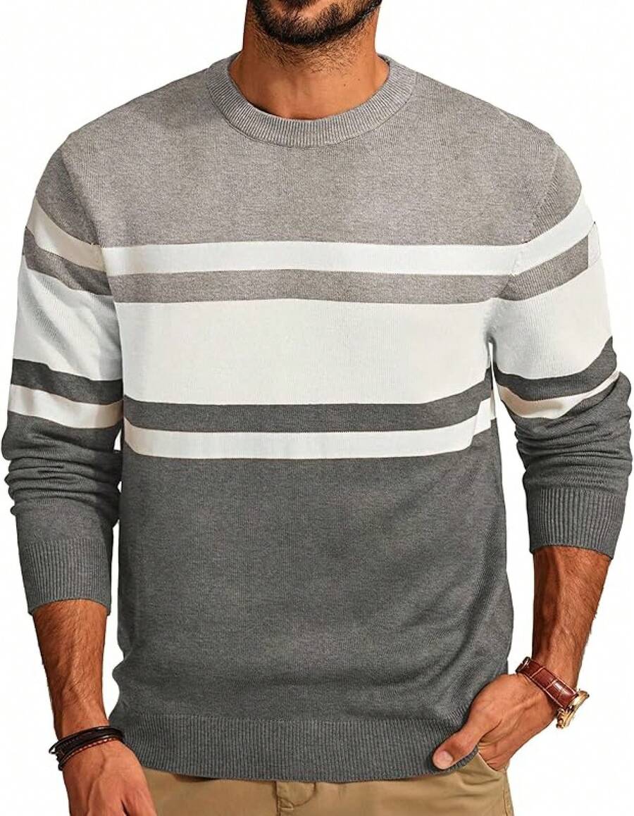 Mens Striped Pullover Sweater Crewneck Contrast Fine Knitted Sweaters - 灰白色 - 查看 1