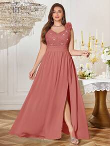 Plus Sequin Floral Lace Deep V-Neck 3D Flower Sleeveless Contrast Chiffon Split Thigh Ruched Hem Formal Party Maxi Dress, Homecoming Dress, Prom Wedding Guest Dress, For Graduation, Dinner, Formal Events - 藕粉色 - 查看 4