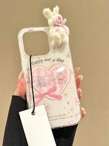 1pc IMD Heart Rabbit Anti-Drop Cute Cartoon Full Coverage Hard Phone Case, Compatible With Iphone 17 16 15 14 13 12 11 Pro Max Plus XS Mini And More Models, Soft TPU Protective Phone Cover, Fashionable Gift For Easter, Christmas, Valentine's Day - Love Bunny + Rabbit Doll - View 2