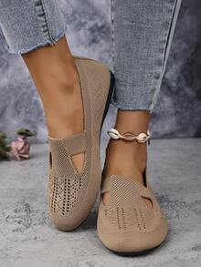 Zapatos casuales de malla con punta redonda y sin cordones, cómodos zapatos de mamá para caminar a diario