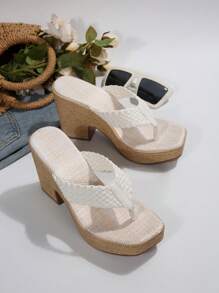 Women's Woven Decor Solid Color Design High Heel Sandals, New Summer Ladies' Thick Heel Flip Flops Fashion Simple Holiday Lightweight Comfortable High Heel Sandals