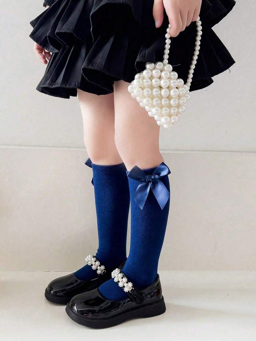 2 Paar Kinder Einfarbige Spitze Schleife Kniestrümpfe, geeignet für 1-12 Jahre alt, weiß, schwarz, navy, passend für den Schulanfang