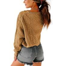 Women V Neck Cropped Sweater Long Sleeve Cable Knit Oversized Pullover Top