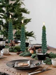 5支圣诞树造型无焰锥形蜡烛，带遥控定时器，3D火焰效果绿色LED烛台，营造圣诞家居氛围 - 綠色 - 查看 5