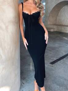 Vestido de tirantes con abertura y parches de encaje elegante de WOWDARK para mujer, silueta ajustada, adecuado para Navidad, otoño