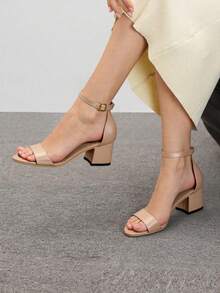 Sandalias De Tacón Grueso Simple Y Elegante Para Mujeres Con Correa De Tobillo - Beis - Ver 1