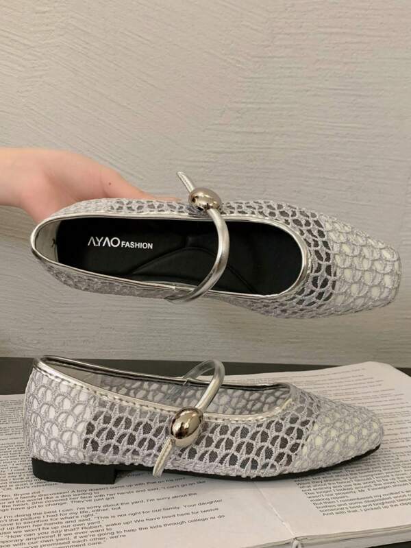 أحذية نسائية كاجوال أنيقة بتصميم مستوحى من الباليه، بأصبع قدم دائري وكعب منخفض، من قماش الشبك واللدائن، مناسبة للحفلات والاستخدام اليومي