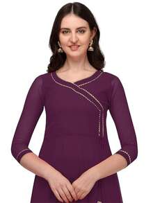 Estationeryhouse Women's Georgette Anarkali Kurta Kurti With Dupatta (Bottoms Not Included) (Wine) - Violet Purple - View 2