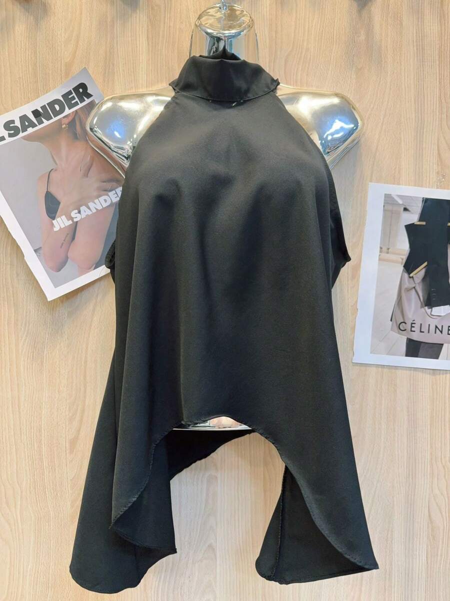 Women's Cropped Blouse With Tie At The Neck - 黑色 - 查看 1