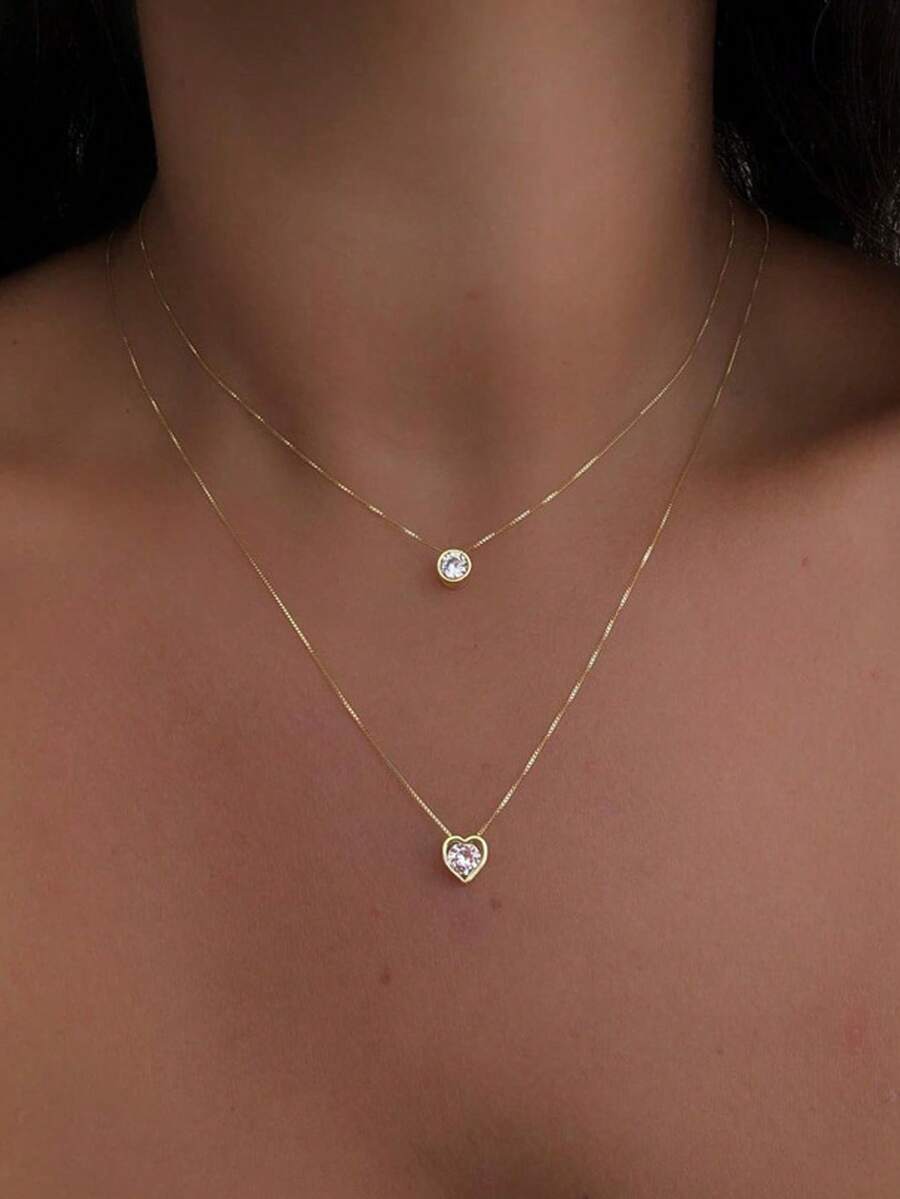1 件时尚心形和水滴水钻吊坠多层项链，适合女士日常佩戴 - 金色 - 查看 1
