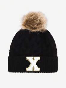 1pc Baby & Toddler Letter Pom Pom Knit Hat, 26 Letters Available, Knitted Cap, Suitable For Baby Boys & Girls Everyday Wear In Autumn/Winter - Black - View 21