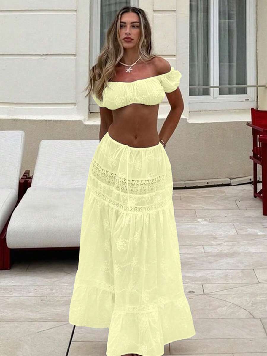 Woman Sheer Tops & Skirts 2 Piece Sets Summer Outfits Solid Color Flattering Tube Top And Drawstring Lace Maxi Sundress - Boho Embroidery For Vacation, Beach Parties & Date Nights - 淡黃色 - 查看 1