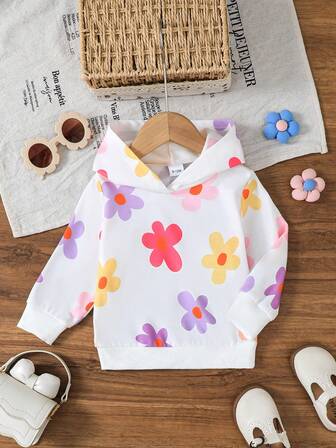 1 件花卉印花连帽长袖运动衫，常规版型，适合春秋季户外运动和休闲穿着