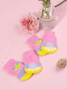 4pcs/Set Cute Pet Dog Socks, Printed Anti-Slip Cat Dog Shoes, Paw Protector Covers, Suitable For Small Dogs Like Chihuahua, Yorkshire Terrier, Indoor Anti-Slip - Multicolor - View 2