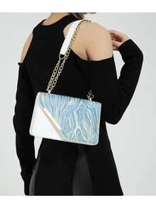 New For Summer 2025! Textured Colorblocked Small Square Bag - Four Colors Available, Fashionable And Unique Street Style! PU Bag, One Shoulder/Crossbody, Flap Design, Personalized Aesthetic Bag: Colorblocking Design, Perfect Interpretation Of Summer Street St - Blue - View 3