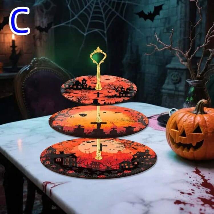 1 Set Of 3-Tier Classic Halloween Themed Elegant Wooden Display Tray, Practical And Convenient Display Rack Design, Both Decorative And Functional, Halloween Special Edition Gift, Halloween Decorative Display Tray, Display Tray, Holiday Party Tabletop Decor - Multicolor - View 7