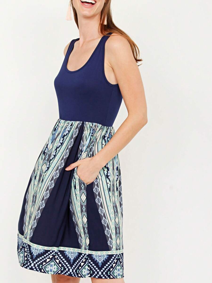 Vintage Boho Sleeveless Summer Mint Pink Color Block Shift Short Swing Aline Southern Dress | 1 XL - 3 XL Plus - Navy & Green - 查看 1