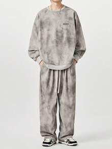 大码男士灯芯绒扎染刺绣圆领长袖运动衫和裤子休闲套装，适合秋冬季