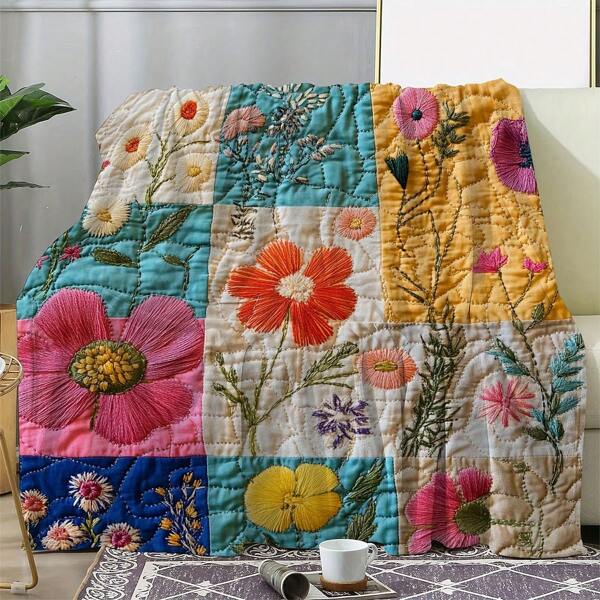 [Gemütliche Blumen] Weich & Gemütlich 1 Stück Vintage Blume Muster Patchwork Flanell Decke Ganzjahres Überwurf mit lebhaftem Mohn und Rosen Design, perfekt für Sofa, Bett, Büro, Auto, Camping & Reisen - Ideales Geschenk für jeden Anlass, gemütliche Heimdekoration