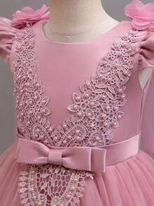 Girls Tulle Flower Girl Dress With 3D Floral Cape And Lace Applique Bow Sash Party Princess Dress For Wedding Birthday Pageant - Dusty Pink - View 4