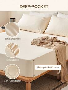 Juego de sábanas y fundas de almohada de 3/4 piezas con bolsillo profundo de 10 pulgadas, sábana plana*1, sábana ajustable*1, funda de almohada*1/2, sábanas de poliéster refrescantes para durmientes con calor, calidad de hotel de lujo, resistente a la contracción, lavable a máquina, para ropa de cama del hogar y ropa de cama esencial para dormitorios escolares, beige, certificado Oeko-Tex