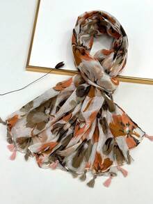 1条印花女士围巾，轻盈透气，流苏披肩，优雅时尚的女士真丝围巾，用途广泛，适合春夏户外防晒、沙滩披肩、连衣裙头巾等。 - 咖啡棕 - 查看 2