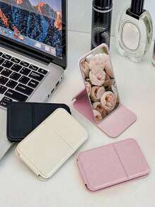 1pc Portable Makeup Mirror, Solid Color, Pu Leather, Simple, Portable, Foldable, Cute Pocket Mirror Best Gifts Birthday Graduation ,Pu Leather Small Mirror, Travel Mirror, Suitable For Gifts, Travel Essentials, Makeup Essentials, Easy To Store Christmas, Suitable For Holiday Gifts