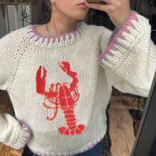 .Women's Knitted Cardigan Sweater Coat Autumn And Winter Long Sleeve Round Neck Lobster Print Button Top Knitted Women's Coat Jacket - 紅色 - 查看 1