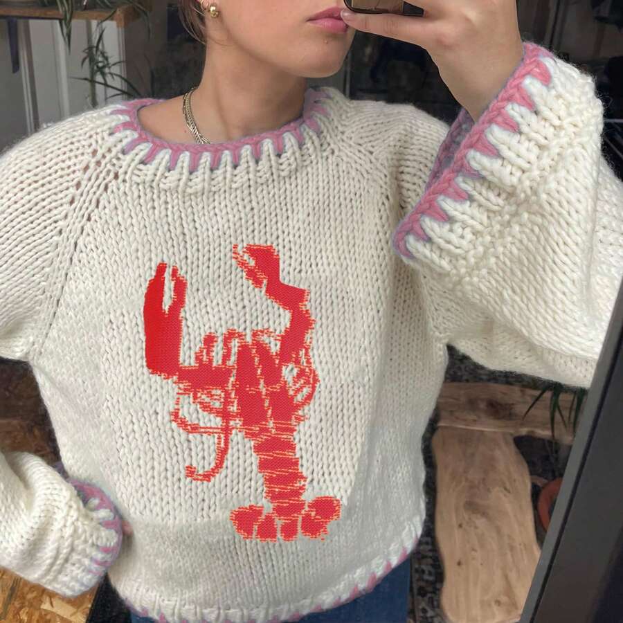 .Women's Knitted Cardigan Sweater Coat Autumn And Winter Long Sleeve Round Neck Lobster Print Button Top Knitted Women's Coat Jacket - 紅色 - 查看 1