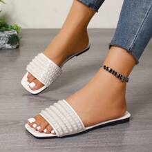 1 Pair Women's Pearlized Rhinestone Slip-On Square Toe Flat Beach/Casual Sandals, Beige, Versatile And Elegant