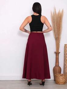 Women's Long Round Skirt Tailoring Evangelical Fashion Casual Basic Winter High Waist Elegant - 酒紅色 - 查看 1