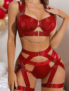 3-Piece Lingerie Set For Women, Strappy Lingerie Underwire Push Up Bra Garter Set Lingerie With Chain,Disfraces Sexy De Mujer For Wild Queen, Disfraz Halloween Mujer Bodysuits For Women ,Body Suit For Fetish Clubwear, Halloween Costumes For Women Pefect For Nightclub&Party&Romantic Night - 紅色 - 查看 1