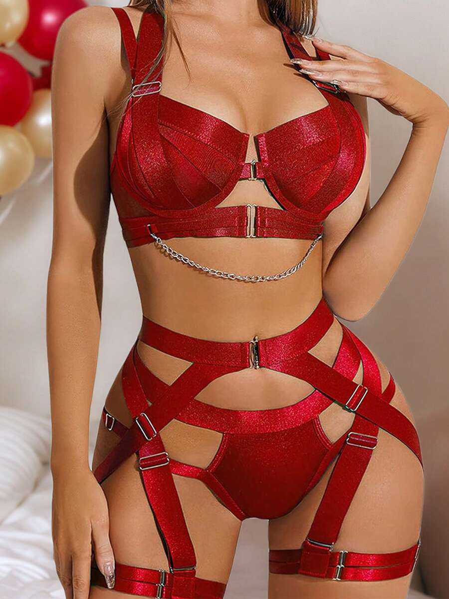 3-Piece Lingerie Set For Women, Strappy Lingerie Underwire Push Up Bra Garter Set Lingerie With Chain,Disfraces Sexy De Mujer For Wild Queen, Disfraz Halloween Mujer Bodysuits For Women ,Body Suit For Fetish Clubwear, Halloween Costumes For Women Pefect For Nightclub&Party&Romantic Night - 紅色 - 查看 1