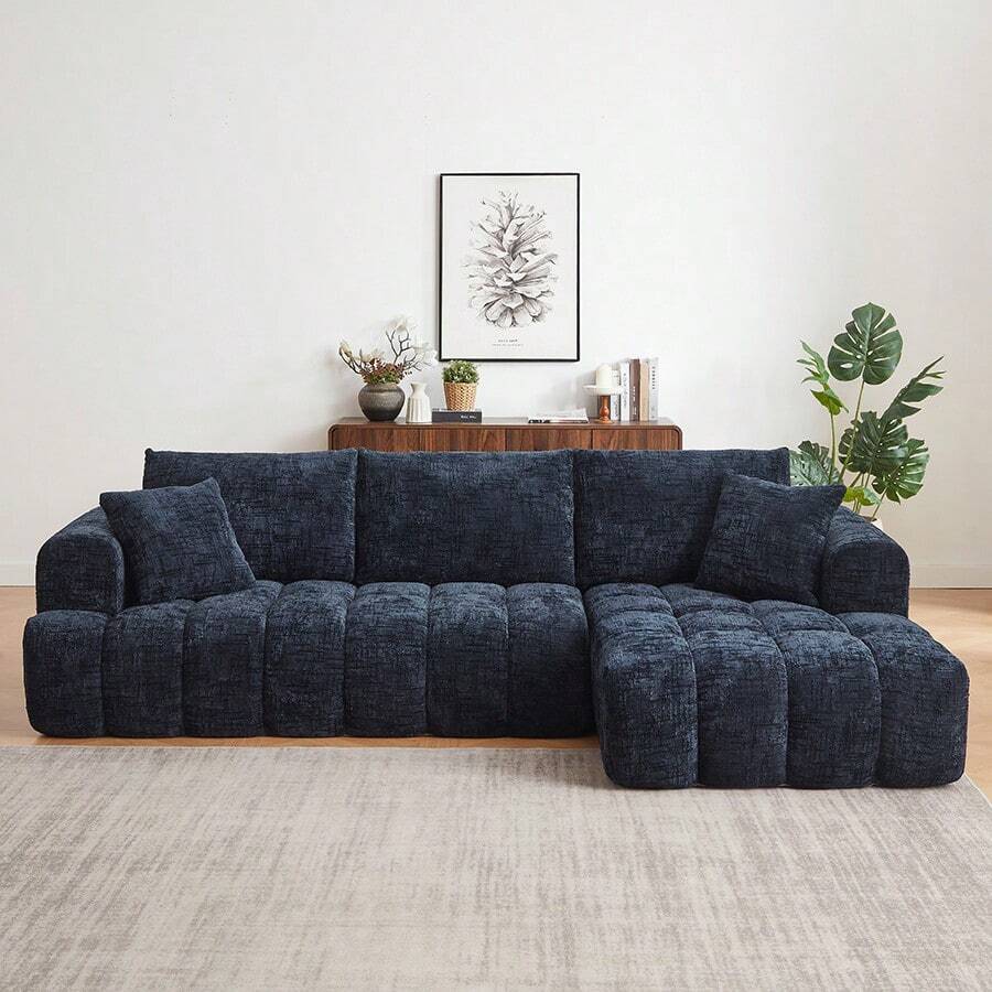 YOGLAD L-Shaped Sectional Sofa With Chaise, Boneless Sofa With Modern Minimalist Design, Chenille Fabric Luxury Modular Sofa Couch For Living Room, No Assembly Required, Convertible Sleeper Sofa Bed, Plush Sponge & Pocket Spring Support, Soft Cloud Couch, Apartment Furniture, Dark Blue - Dark Blue (Right Facing Chaise) - 查看 1
