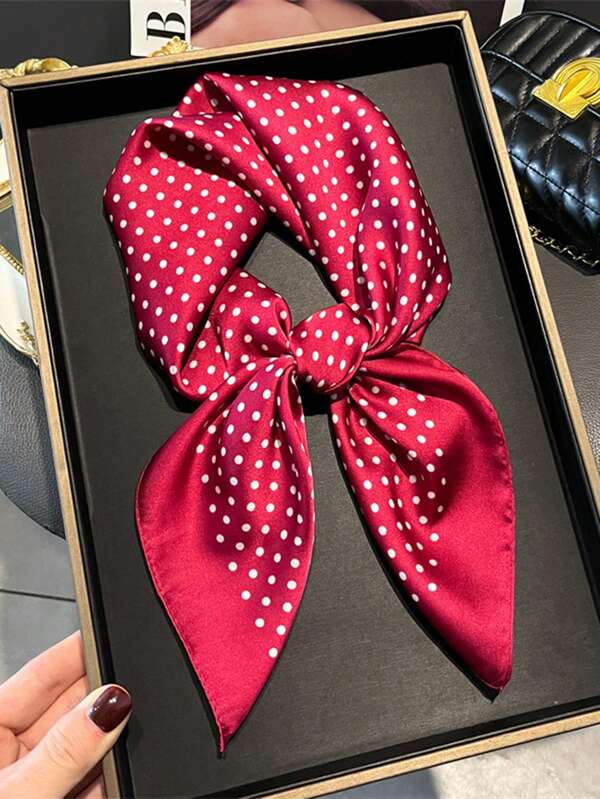 1 pieza Elegante pañuelo cuadrado de mujer con estampado de lunares de seda sintética, versátil para uso diario, al aire libre, viajes, fotografía, fiestas, adecuado como accesorio de moda