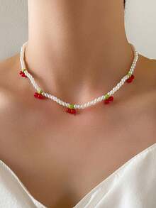 1 pieza Collar colgante con hoja de cerezo y verde, diseño lindo y dulce para uso diario, joyería de mujer - Multicolor - Ver 2