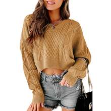 Women V Neck Cropped Sweater Long Sleeve Cable Knit Oversized Pullover Top