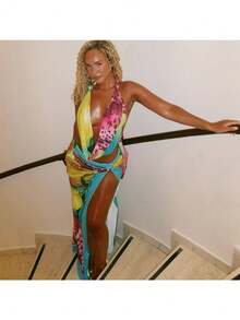 2025 Summer New Women's Clothing Fashion Sexy Halter Neck Open Back Top Split Skirt Set - 彩色 - 查看 3