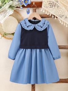 Young Girls' Preppy Style Embroidered Peter Pan Collar 2 In 1 Long Sleeve Patchwork Dress