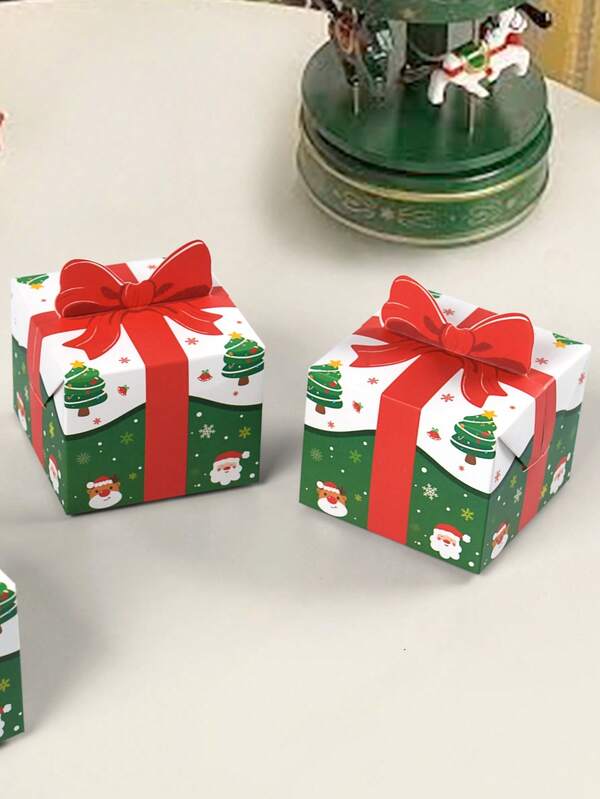 10 piezas/1 pieza Cajas de regalo con diseño de lazo 3D de tema navideño rojo y verde clásico, impresión de elementos navideños en múltiples lados, cartón resistente y no deformable, con patrón de Papá Noel y árbol de Navidad, forma exquisita y adorable de caja de regalo cuadrada, adecuada para almacenar pequeños regalos navideños, joyas, tarjetas de felicitación, dulces, decoración de escena navideña, recuerdos de fiesta navideña, agregando una atmósfera cálida a la Navidad