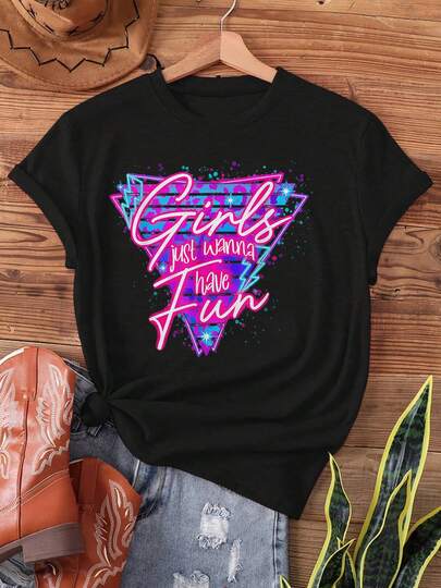 Women's Retro 80s Neon "Just Want To Have Fun" Pattern T-Shirt - Short Sleeve Round Neck Casual Top, Geometric Print Semi-Transparent Retro Style Summer Spring Outfit, Shirt