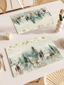 2pcs/4pcs/6pcs Christmas Linen Placemats, Snowflake Elk Christmas Tree Pattern Placemats, Size 12*18 Inches, Farmhouse Style Heat Resistant, Non-Slip Washable, Suitable For Christmas Family Gatherings And Party Decorations