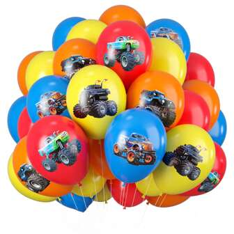 12-Inch Red, Yellow, Blue, Orange Colorful Truck Print Latex Balloon Bouquet, Suitable For Kids Boys Monster Truck Party, Baby Shower, Wedding, Birthday Party Supplies