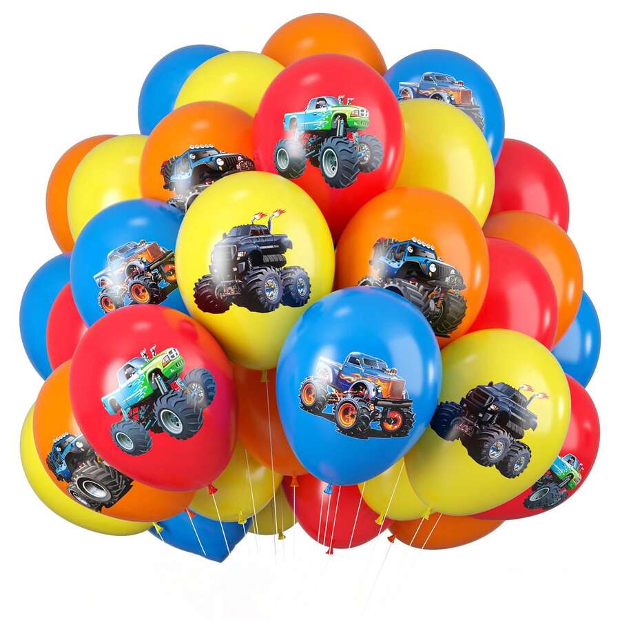 Ramo de globos de látex con estampado de camión colorido de 12 pulgadas en rojo, amarillo, azul y naranja, adecuado para fiestas de camiones monstruo para niños, baby shower, boda y suministros para fiestas de cumpleaños